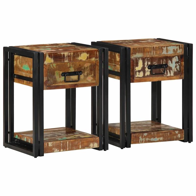 2pcs Modern Farmhouse Bedside Table with Storage - Sturdy Recycled Solid Wood Nightstand, 40x35x50cm, & Brown Distressed Finish, Space-Saving Design for Bedroom