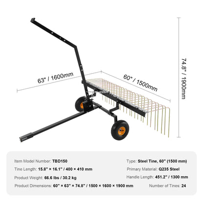 Verticuteerhark – Aanhanghark – Verticuteren Hark – Grasmaaiers Hark – ATV Hark – 60 Inch Werkbreedte – 24 Stalen Tanden