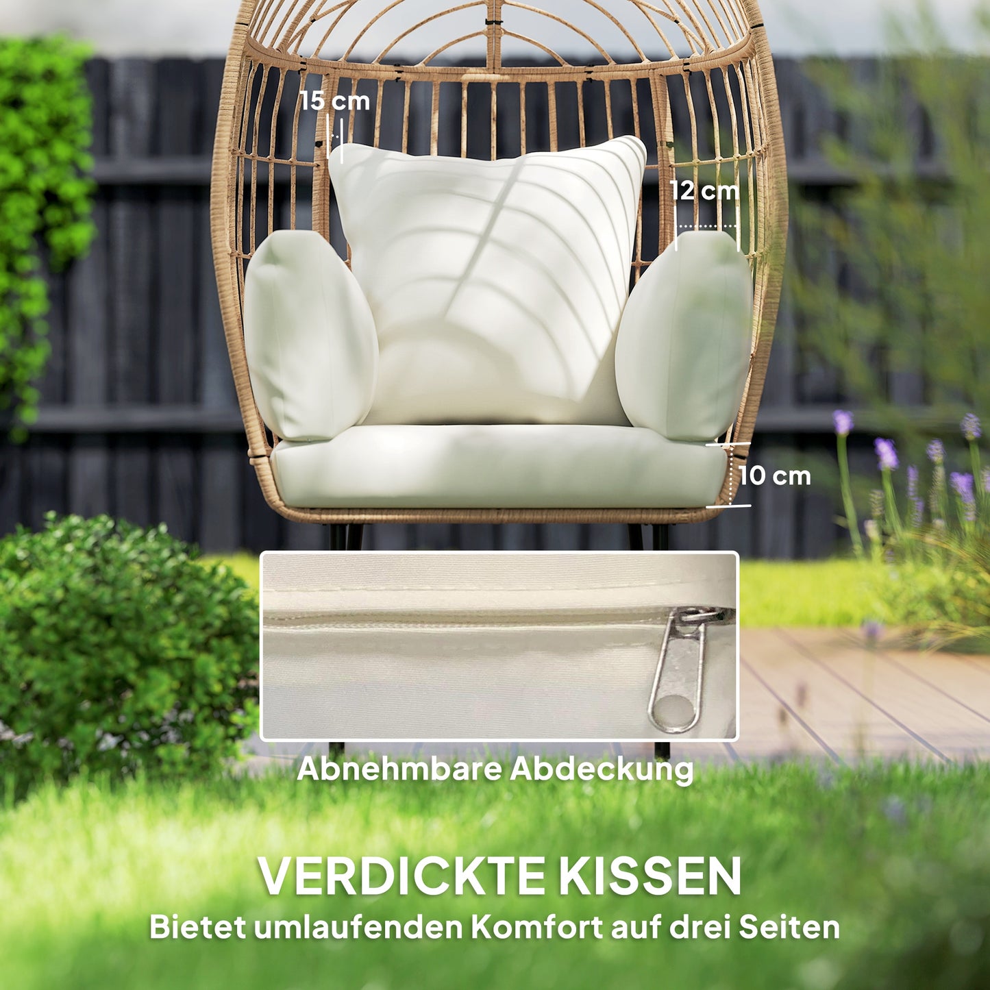 Rotan Ei-Stoel – Rattan Stoel – Tuinstoel – Buitenzetel – Lounge Stoel – Beige – Handgevlochten Rotan – Afneembaar Gewatteerd Kussen – 95x80x155 cm