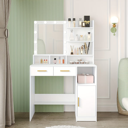 Kaptafel – Make-up Tafel – Vanity – Dressing Table – Cosmeticatafel – Met Spiegel en 10 LED Lampen – Verstelbare Helderheid – 2 Lades & 1 Kast – 3 Planken & 4 Open Vakken – Wit – MDF