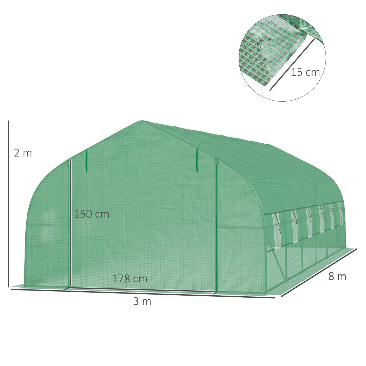Outsunny Garden Greenhouse Tunnel 24 Large Size 8 x 3 x 2 m with PE Tarpaulin, 24mm Galvanized Steel Frame, Roll-up Door and 12 Green Windows