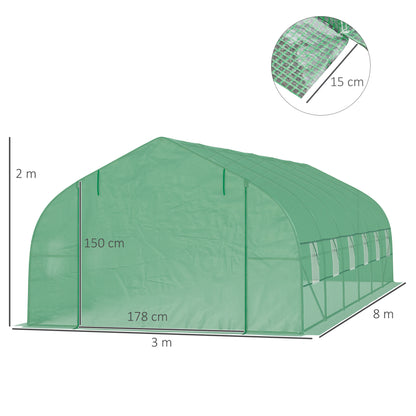 Outsunny Garden Greenhouse Tunnel 24 Large Size 8 x 3 x 2 m with PE Tarpaulin, 24mm Galvanized Steel Frame, Roll-up Door and 12 Green Windows