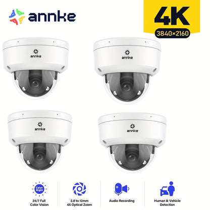 ANNKE 4pcs Ultra HD 4K 8MP PoE Camera With Mic, 4X Optical Zoom Camera With 2.8mm-12mm Lens, Smart Dual Light, Color Night Vision, Human&Vehicle Detection, Surveillance Security Turret Camera