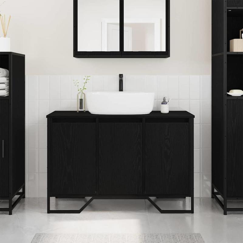 Badkamerkast – Badkamermeubel – Opbergkast – Waskast – Toiletkast – Zwarte Eiken – Compact 91x35x60 cm – MDF en Massief Hout – Wandhangend – Ruimtebesparend
