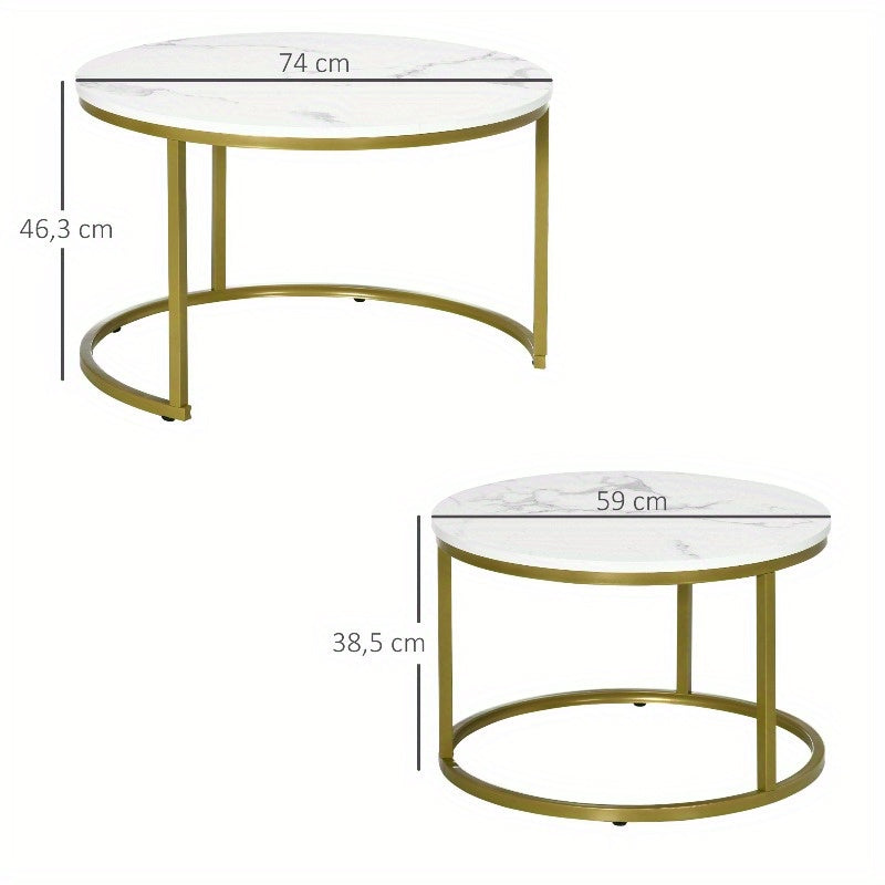 Ronde Bijzettafel – Salontafel – Eettafel – Accenttafel – Tafeltje – Stalen Frame – Marmerlook Wit – 30kg Draagkracht – Stapelbaar 2-delig Set