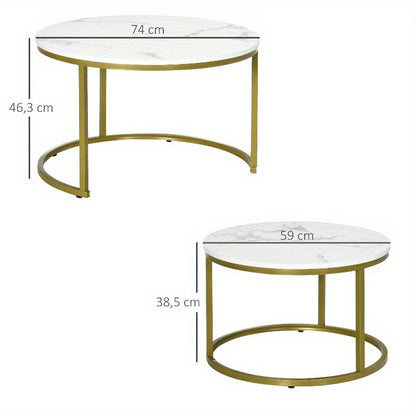 Ronde Bijzettafel – Salontafel – Eettafel – Accenttafel – Tafeltje – Stalen Frame – Marmerlook Wit – 30kg Draagkracht – Stapelbaar 2-delig Set