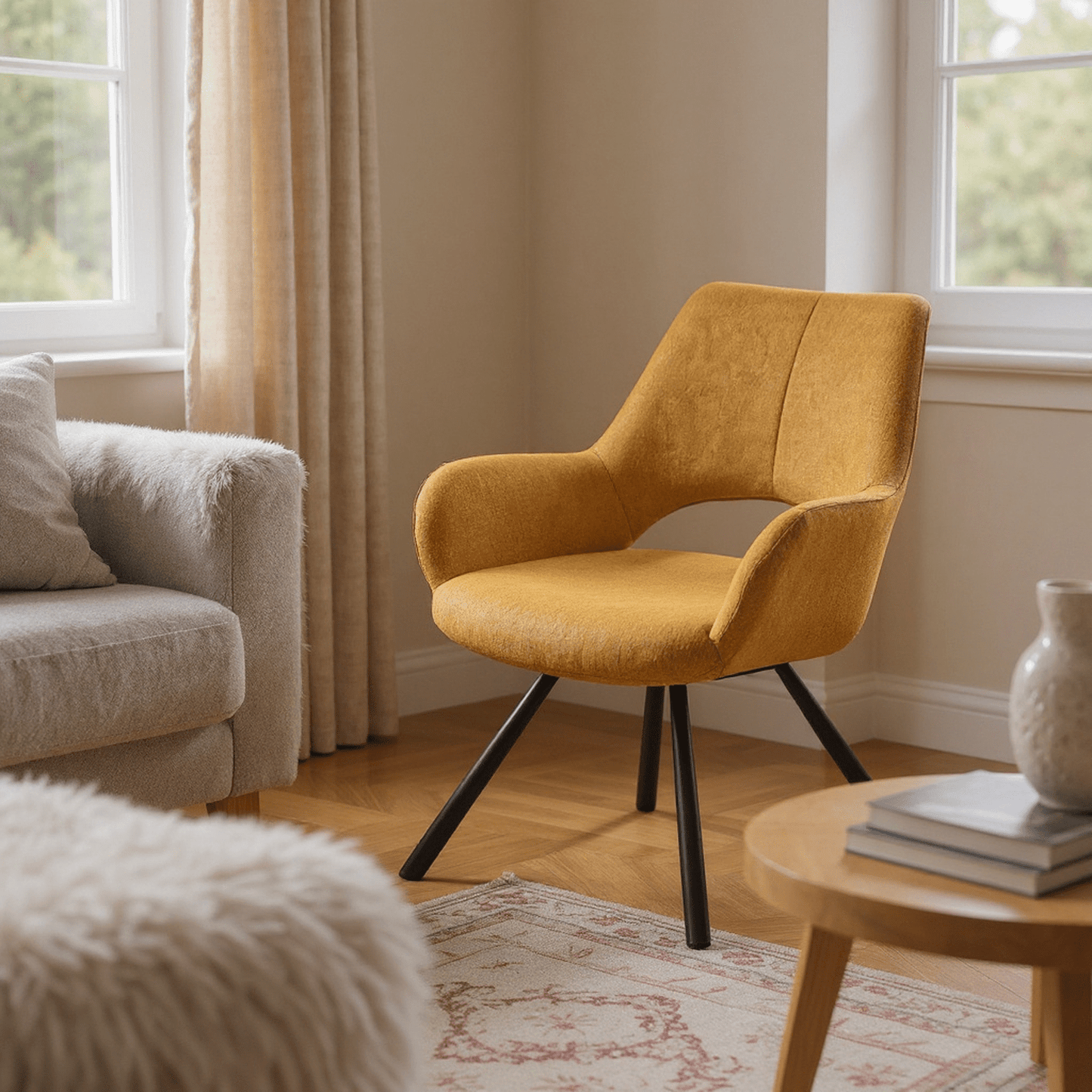 Loungestoel – Fauteuil – Zetel – Relaxstoel – Armstoel – Set van 2 – Gele Stoffering – Scandinavisch Design – Metalen Poten – Comfortabel Zitvlak