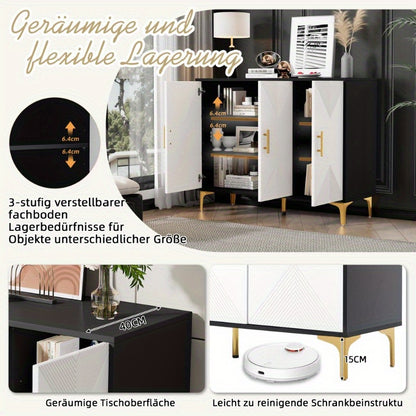 Modern Metallic Sideboard Cabinet - Elegant White & Golden Accent Storage with Doors, Non-Wood Furniture for Living Room, Bedroom, Dining Room - Easy Assembly Required, Preppy Room Decor, Bedroom Organizer, Classic Striped Do