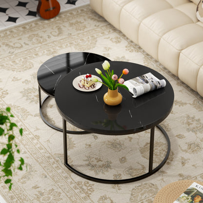 2-Delige Salontafel Set – Woonkamer Tafel – Balkon Tafeltje – Opbergtafel – Marmeren Salontafel – Wit Hoogglans – Goud Metalen Frame – Uitbreidbaar & Veelzijdig