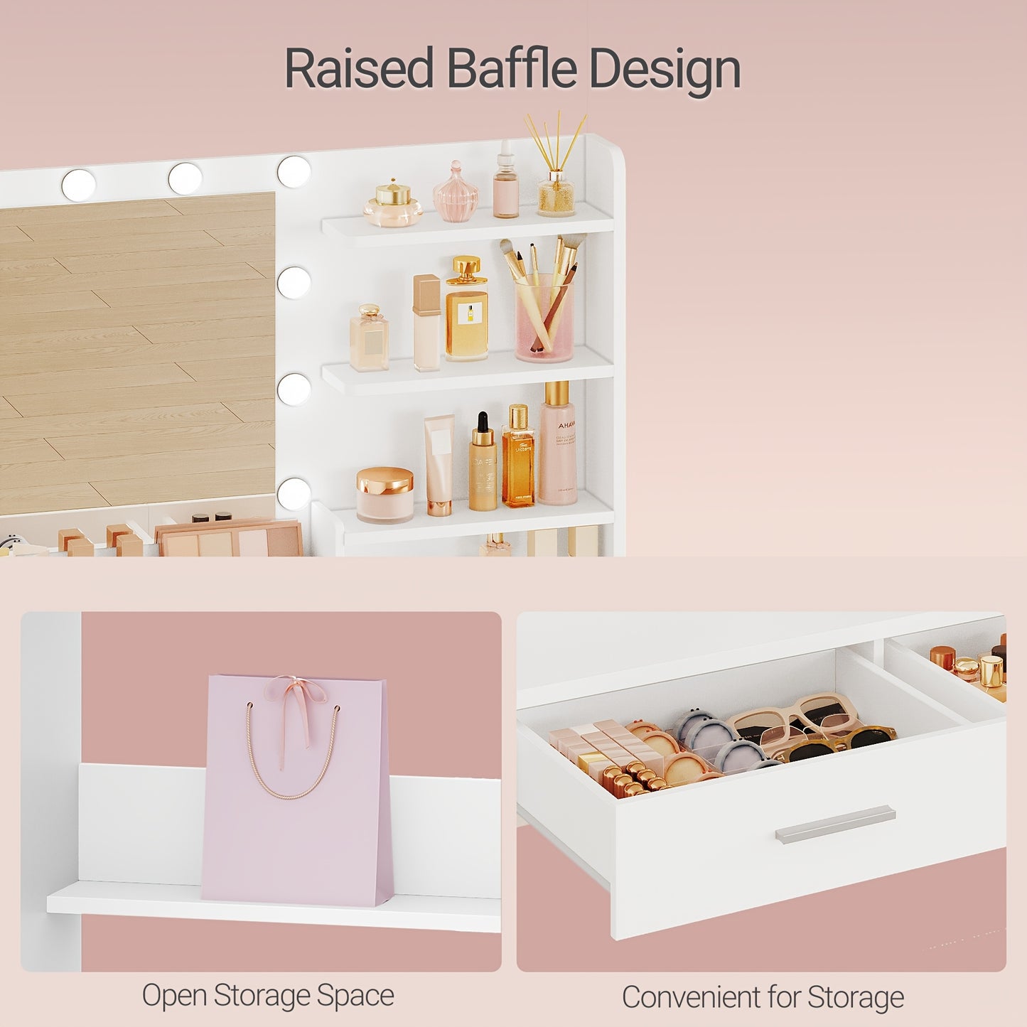 Kaptafel – Make-up Tafel – Opmaktafel – Visagietafel – Beautytafel – Met Spiegel en LED Verlichting – 2 Lades en 4 Open Vakken – Modern Wit – 3 Lichtstanden