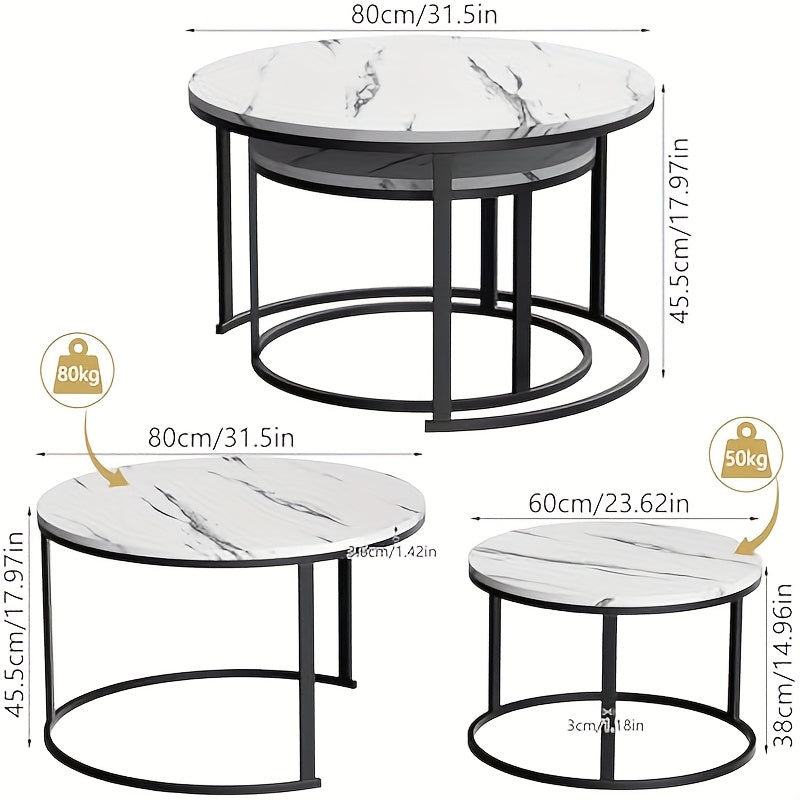 Salontafel – Salontafels – Bijzettafel – Koffietafel – Woonkamertafel – Set van 2 – Rond – Houtfineer Marmerlook – Zwart Metalen Frame
