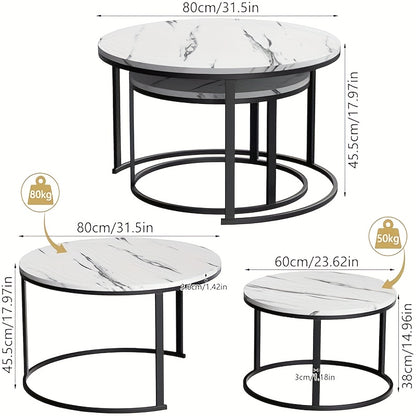 Salontafel – Salontafels – Bijzettafel – Koffietafel – Woonkamertafel – Set van 2 – Rond – Houtfineer Marmerlook – Zwart Metalen Frame