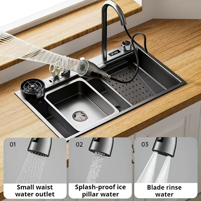 Digitale Keukenkraan – Keukenmengkraan – Waterval Kraan – Pull-Down Kraan – Uittrekbare Kraan – Grote Afmetingen 75x45 cm – Roestvrij Staal & Vacuüm Afvoersysteem