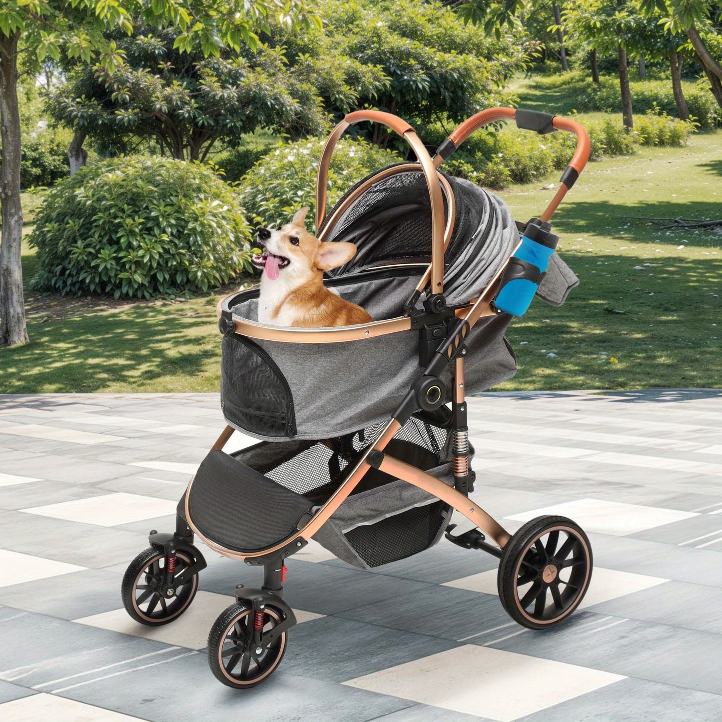 Hondenwagen – Wandelwagen – Autostoeltje – Draagmand – Hondenbuggy – Grijs – Stevig Stalen Frame – Inklapbaar & Met Afneembare Opbergtas