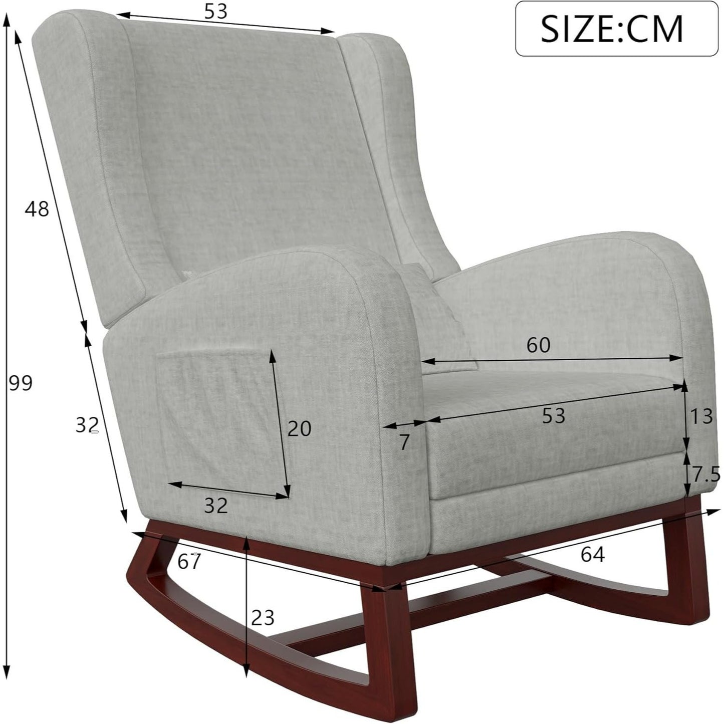 Schommelstoel – Relaxstoel – Lounge Stoel – Leunstoel – Voetenbank – Hoogte Rugleuning – Massief Houten Onderstel – Zijzakken – Verlengbare Voetensteun – Grijs