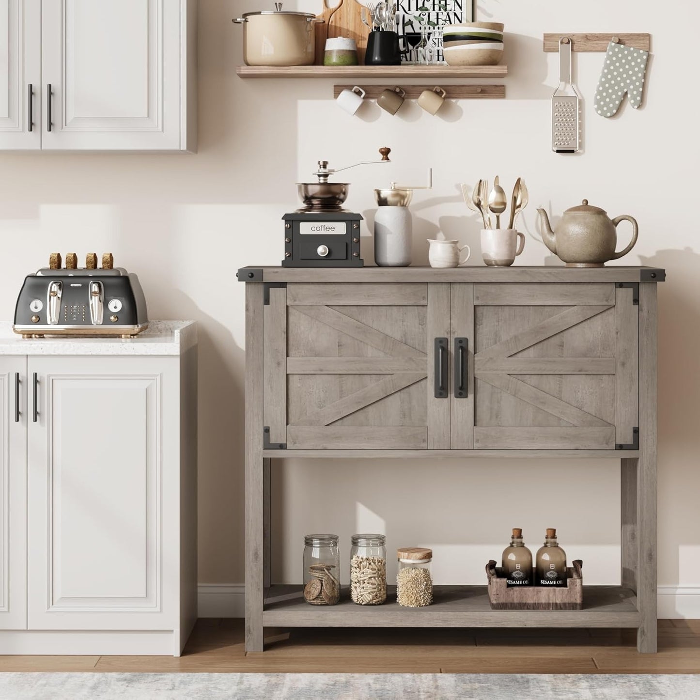 Sidetable – Haltafel – Consoletafel – Wandtafel – Bijzettafel – Grijs – Met 2 Deuren En 2 Laden – Stevig Metalen Frame & Krasbestendig Oppervlak
