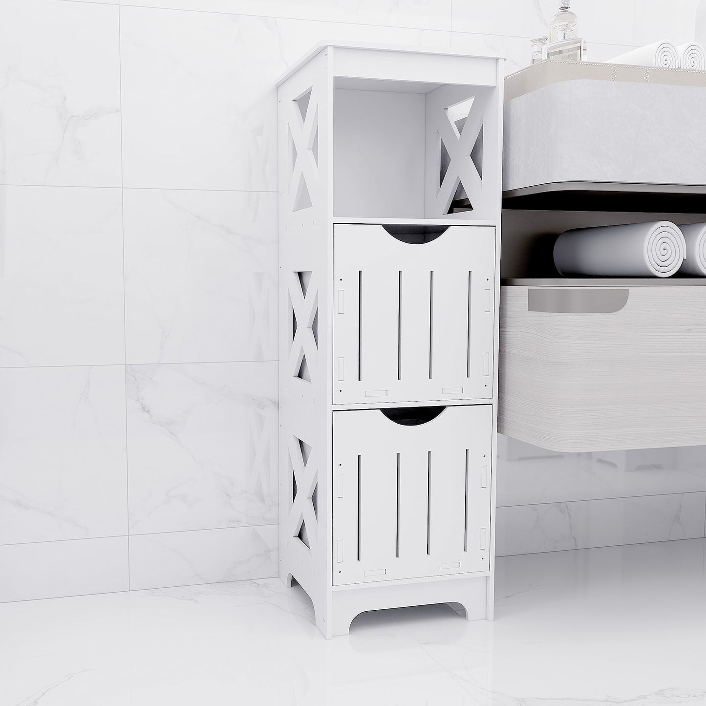 Badkamerkast – Opbergkast – Badkamermeubel – Kast Met Laden – Smalle Kast Wit – Compact 89x30x30 cm – Vochtbestendig Kunststof