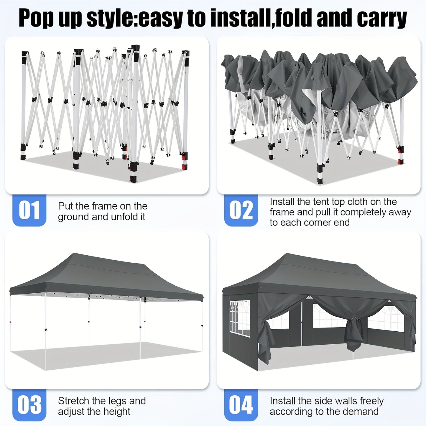 Pop-up Tent – Vouwtent – Zonnezeil – Kampeertent – Partytent – 3,05x6,1 Meter – 6 Verwijderbare Zijwanden – Verstelbare Hoogte