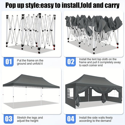 Partytent – Paviljoen – Feesttent – Tuintent – Overkapping – Pop-Up – 3,05x6,1 m – Met 6 Afneembare Zijwanden – Verstelbare Hoogte
