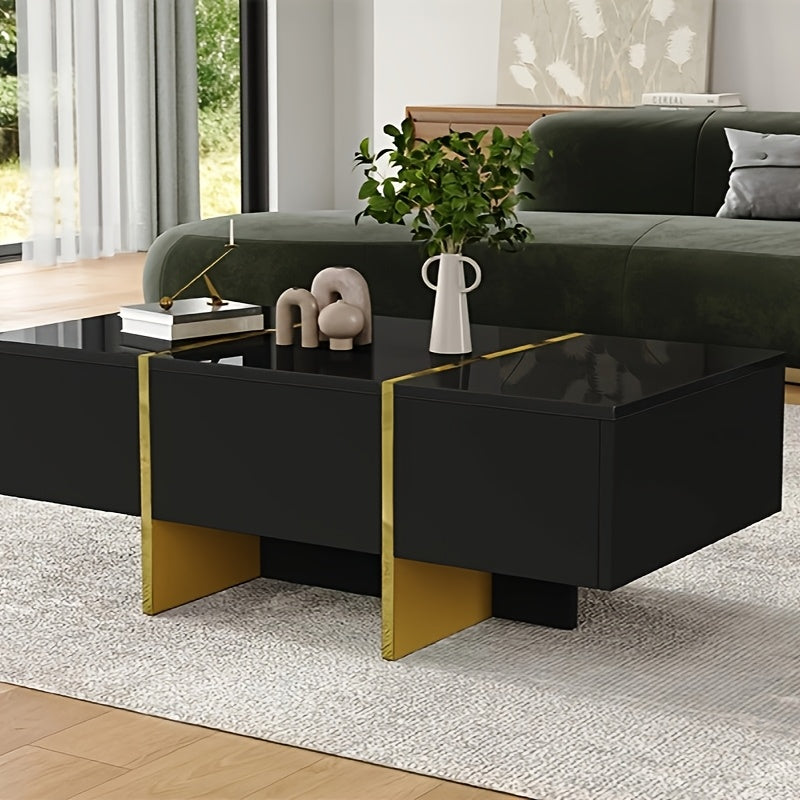 Salontafel – Koffietafel – Woonkamertafel – Bijzettafel – Tafel met Lades – Hoogglans Zwart – Ruimtebesparend Ontwerp – Vier Lades