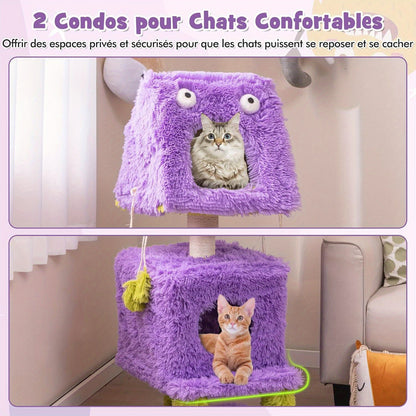 Krabpaal – Kattenboom – Kattenhuis – Kattenmeubel – Kattentoren – 3 Laags Monsterdesign – 2 Knusse Condo’s Met Sisal Krabpaal – Zacht Pluche & Stevig Hout – Paars