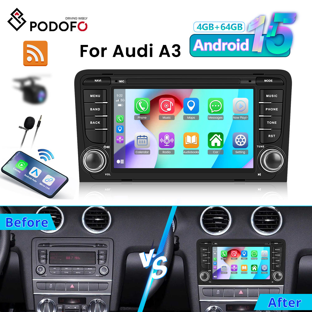 Autoradio – Multimedia Systeem – 7 Inch Scherm – Android 15 – Audi A3 8P S3 RS3 – Draadloze CarPlay – Android Auto – AHD Achteruitrijcamera – 4GB RAM 64GB Opslag