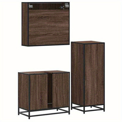 Badkamermeubelset – Badkamerkast – Wastafelonderkast – Spiegelkast – Opbergmeubel – Bruin Eikenlook – 3-Delige Set – Hoogwaardige Materialen