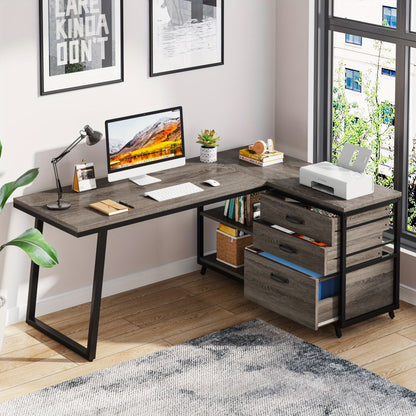 Hoekbureau – L-vormig Bureau – Computerbureau – Bureau Bureau – Thuiswerkbureau – 3 Laden – Reversibel Ontwerp – Industrieel Grijs – 135x100 cm