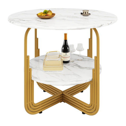 Modern Round Dining Table for 4 - 80x80x76cm, Golden Metal Base with Marble Top, Storage Dome in Center, Perfect for Kitchen & Living Room, Contemporary Design, Easy Assembly, No Power Needed, Dining Table Decor