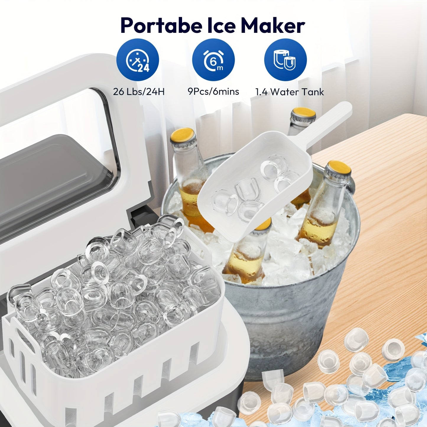 IJsmachine – IJsmaker – Mini IJsblokjesmaker – Zelfreinigend – Compact – 1,4L Capaciteit – Maakt 9 IJsblokjes in 6 Minuten – Draagbaar Met Handvat