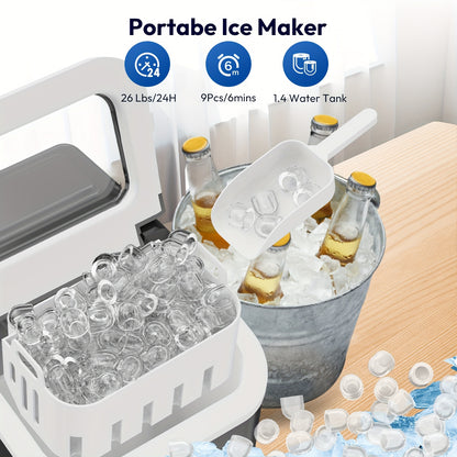IJsmachine – IJsmaker – Mini IJsblokjesmaker – Zelfreinigend – Compact – 1,4L Capaciteit – Maakt 9 IJsblokjes in 6 Minuten – Draagbaar Met Handvat