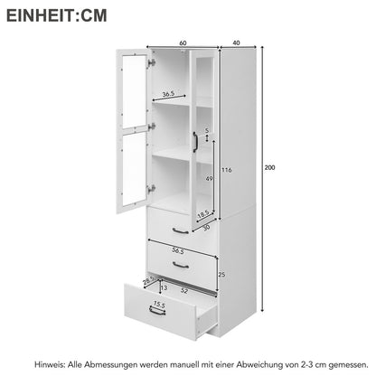 Vitrinekast – Glazen Kast – Opbergkast – Wandvitrine – Standkast – Wit – 200 cm Hoog – 3 Lades & Verstelbare Planken