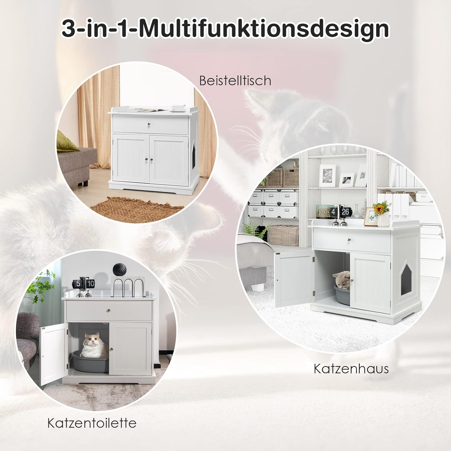 Kattenkast – Kattenhuis – Kattenbakkast – Kattenmeubel – Kattenverblijf – 3-in-1 Design – Ruime Lade – Wit MDF Met Ventilatie