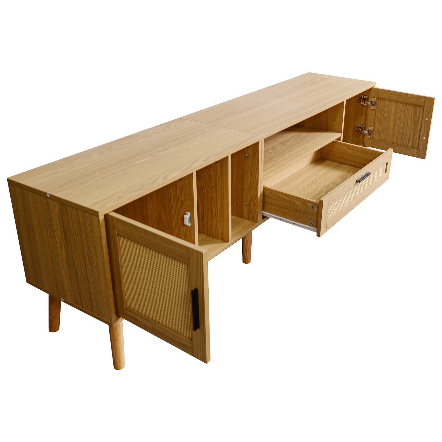 BTM TV Lowboard with Wood Look, Rattan Doors, and Drawer, 180 cm TV Stand for 80-Inch TVs, TV Cabinet with Cable Management, Storage Space & Solid Wood Legs, Scandinavian Design