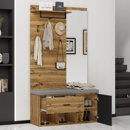 Houten Meubelset Hal – Kledingkast – Schoenenbank – Spiegel – Opbergkast – Hardhout Particleboard – Functioneel Zonder Stroom – Ruimtebesparend Design