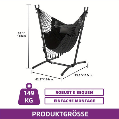 Schommelstoel Buiten – Hangstoel – Schommelstoel Balkon – Tuinstoel – Relaxstoel – Zwart – Robuust Stalen Frame – Verstelbare Telefoonhouder