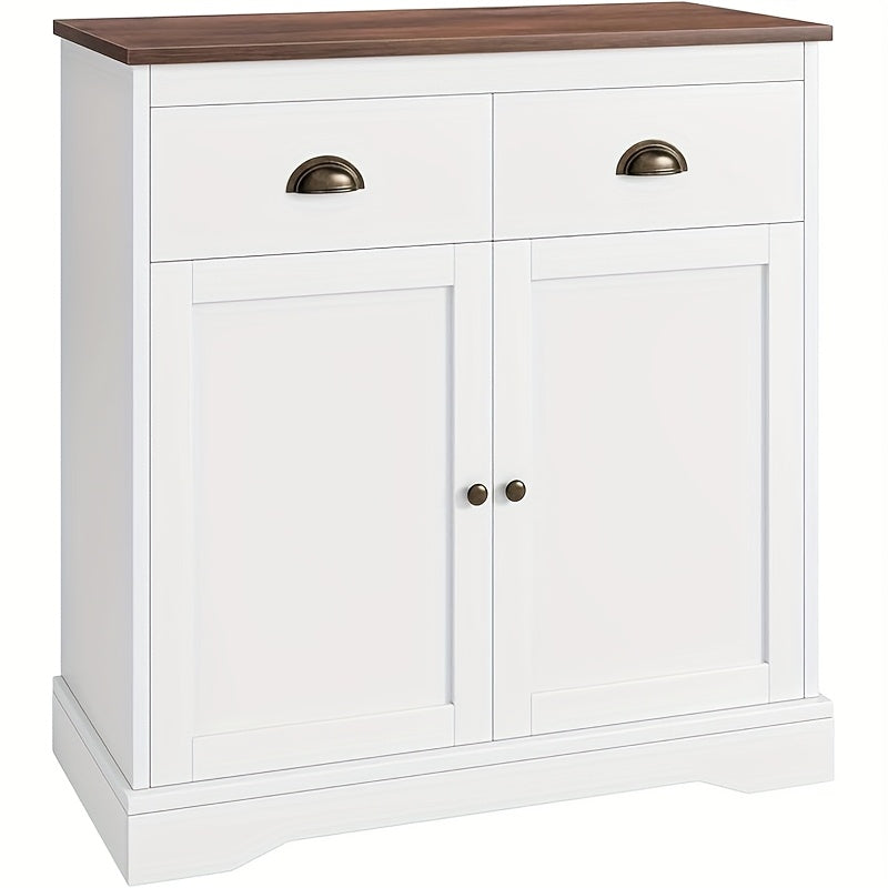 Farmhouse White Buffet Cabinet with Storage, Kitchen Sideboard with 2 Doors and 2 Drawers, Wooden Coffee Bar Cabinet with Shelves for Dining Room, Living Room, Storage Drawer Units