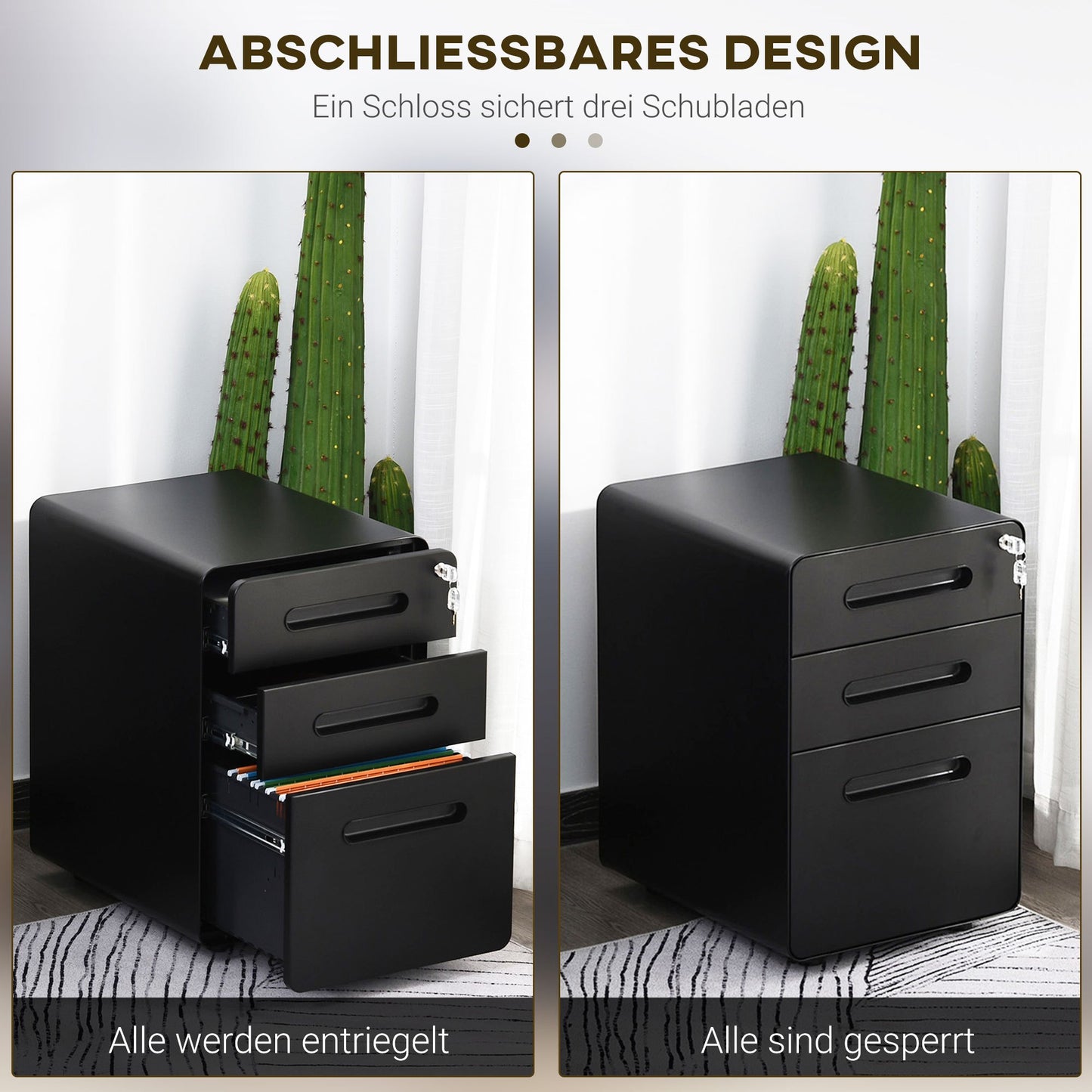 Ladeblok – Ladekast – Rolcontainer – Opbergkast – Archiefkast – Met Slot – Koudgewalst Staal – 39x48x59 cm – Zwart