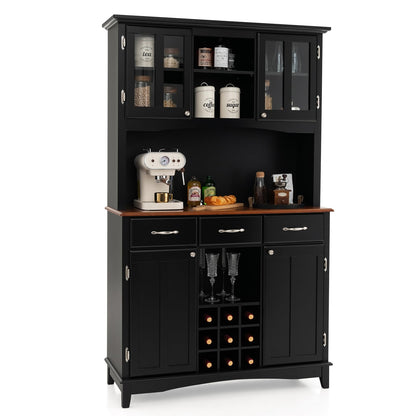 Keukenkast – Keukenbuffet – Kast – Dressoir – Opbergkast – Zwart – 3 Laden En Verstelbare Planken – Wijnrek En Open Schappen – 112x43x184,5 cm