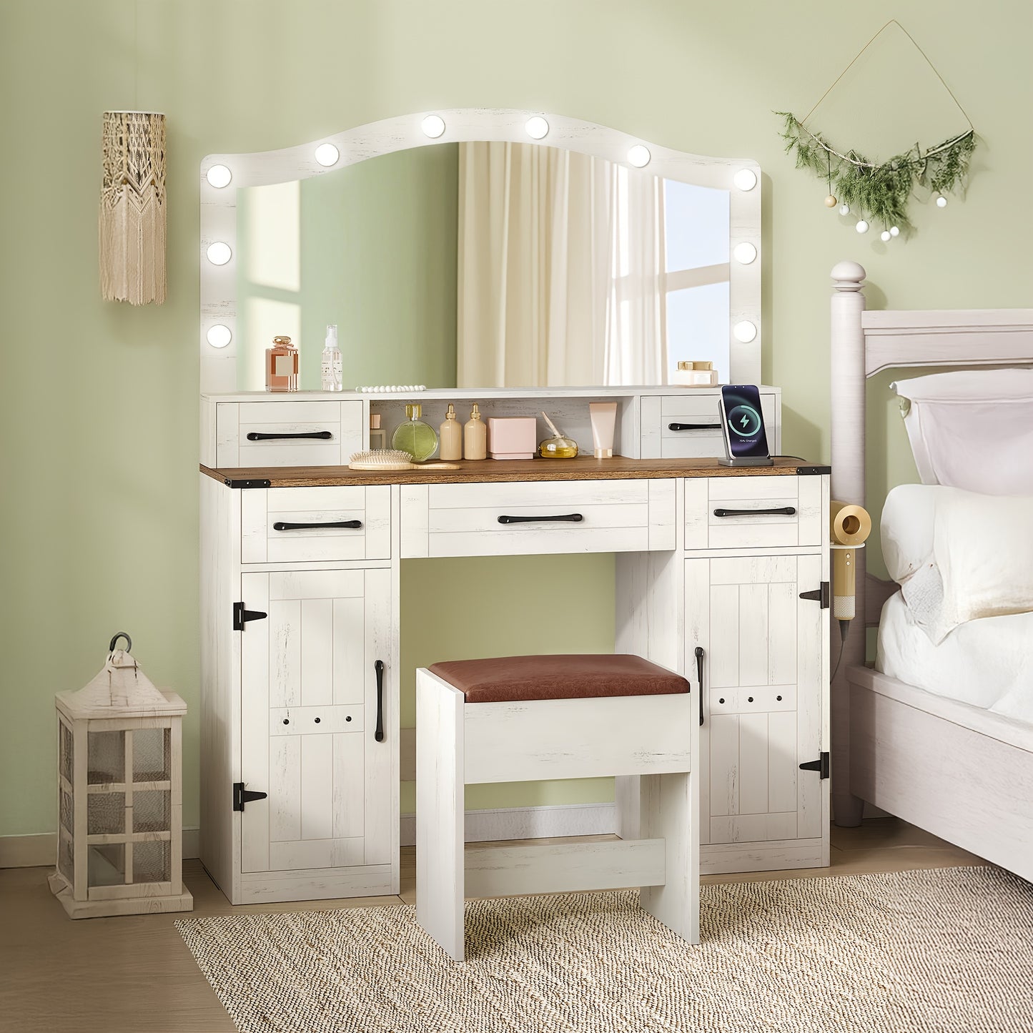 Kaptafel – Make-uptafel – Beautytafel – Schoonheidstafel – Toiletmeubel – Rustiek Bruin-Wit – Led-Verlichting Met 3 Lichtstanden – 5 Lades + 2 Kastdeuren Met Haardrogerhouder
