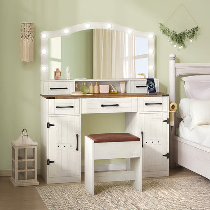 Kaptafel – Make-uptafel – Beautytafel – Schoonheidstafel – Toiletmeubel – Rustiek Bruin-Wit – Led-Verlichting Met 3 Lichtstanden – 5 Lades + 2 Kastdeuren Met Haardrogerhouder