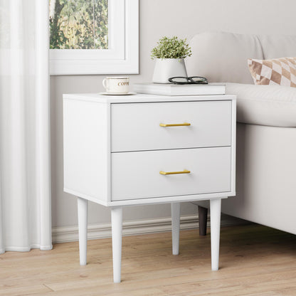 Nachtkastje – Ladekast – Bijzettafel – Nachtkast – Opbergkast – Modern Wit – 2 Laden – Houten Poten – Gouden Handgrepen