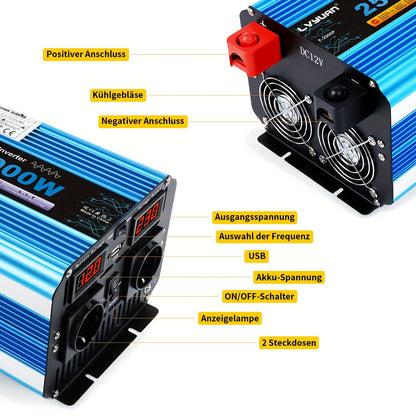 Zuivere Sinus Omvormer – Stroomomzetter – Spanning Converter – DC naar AC Inverter – Autoinverter 12V 2500W – LED Display – 2 Stopcontacten & USB Poorten