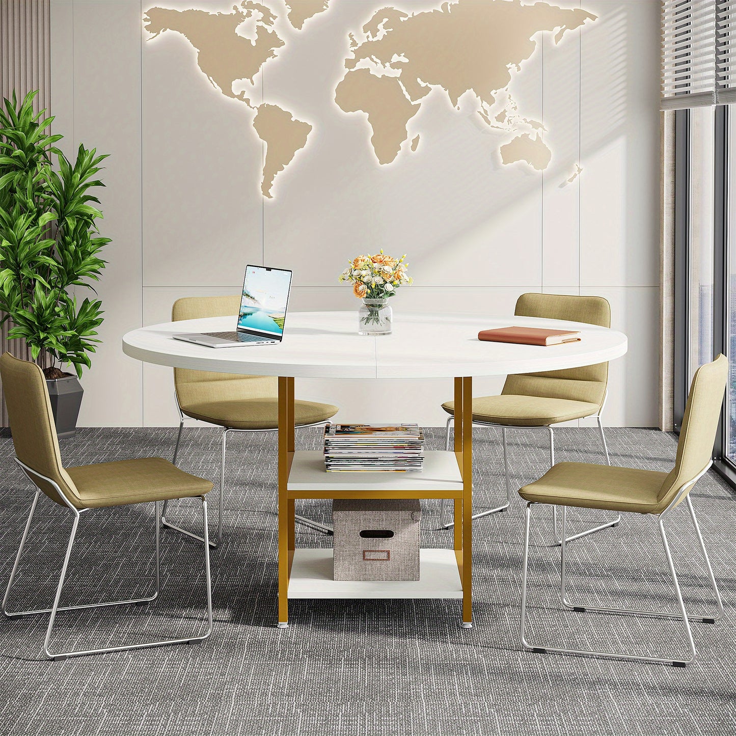 Eettafel – Ronde Tafel – Keukentafel – Eetkamertafel – Tafel – 4 Personen – 2 Opbergplanken – Gouden Metalen Poot – Wit MDF – Hittebestendig Blad – Verstelbare Voetjes