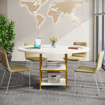Eettafel – Ronde Tafel – Keukentafel – Eetkamertafel – Tafel – 4 Personen – 2 Opbergplanken – Gouden Metalen Poot – Wit MDF – Hittebestendig Blad – Verstelbare Voetjes