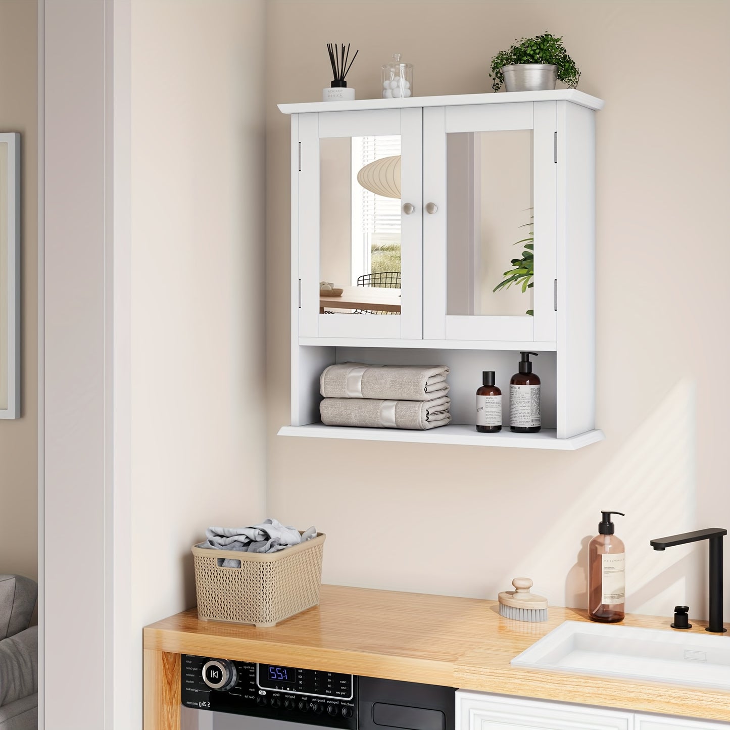 Badkamerkast – Badkamermeubel – Kolomkast – Spiegelkast – Medicijnkast – Wit MDF & Glas – Verstelbare Legplanken – Vrijstaand en Wandmontage