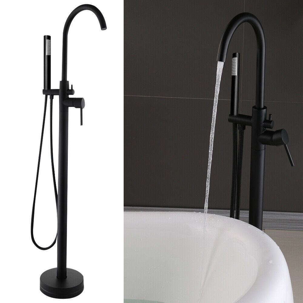 Vrijstaande Badkraan – Badmengkraan – Douchemengkraan – Handdouche – Vloermontage – Zwart – Messing – 115 cm Hoog – 360° Draaibare Uitloop