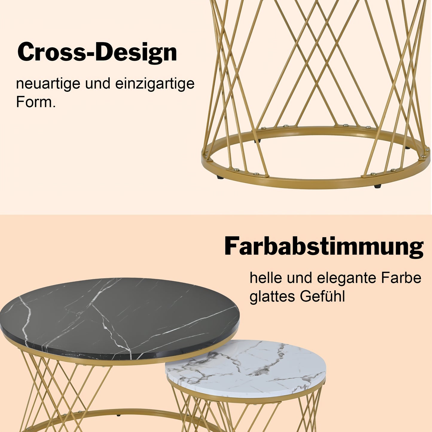 Salontafel – Bijzettafel – Koffietafel – Woonkamertafel – Nesting Set – Rond Marmerfineer – Gouden Metalen Frame – Ruimtebesparend Design – Eenvoudige Montage