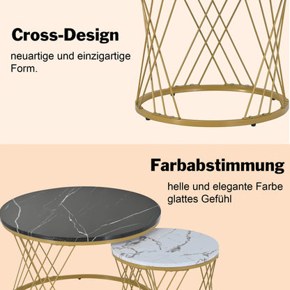 Salontafel – Bijzettafel – Koffietafel – Woonkamertafel – Nesting Set – Rond Marmerfineer – Gouden Metalen Frame – Ruimtebesparend Design – Eenvoudige Montage