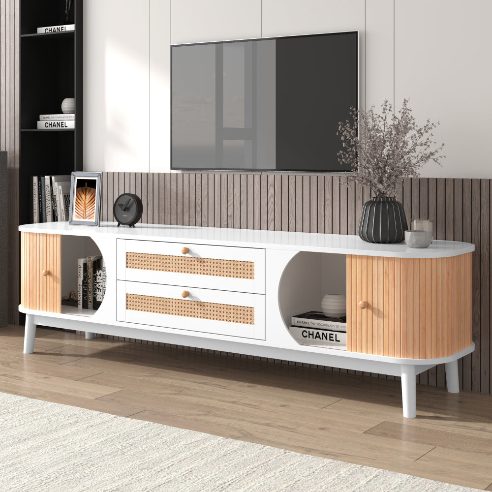 Tv-meubel – TV Kast – Televisiedressoir – Media Meubel – TV Meubel Wit – Landelijke Stijl – Rattan Detail – Veel Opbergruimte